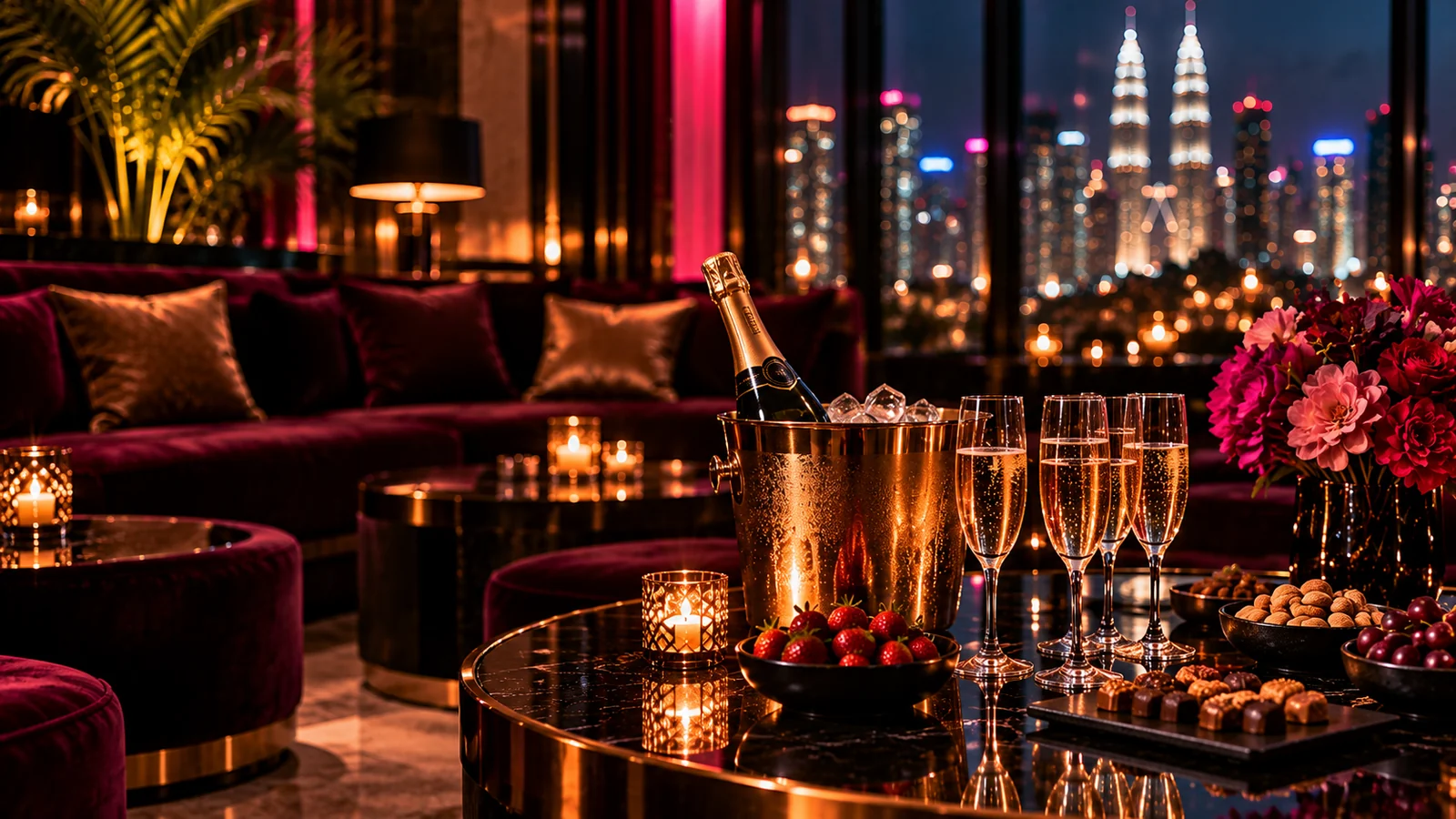 Champagne on ice with filled flutes, strawberries and chocolates in an empty private lounge, with the Kuala Lumpur skyline behind.