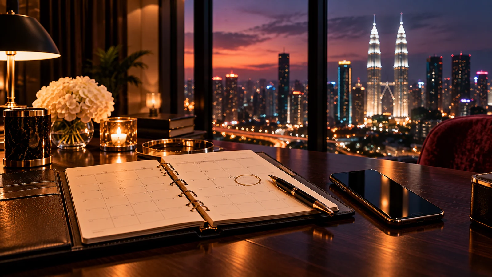 An open desk planner with a date circled, beside a phone, with the Kuala Lumpur skyline at dusk behind.