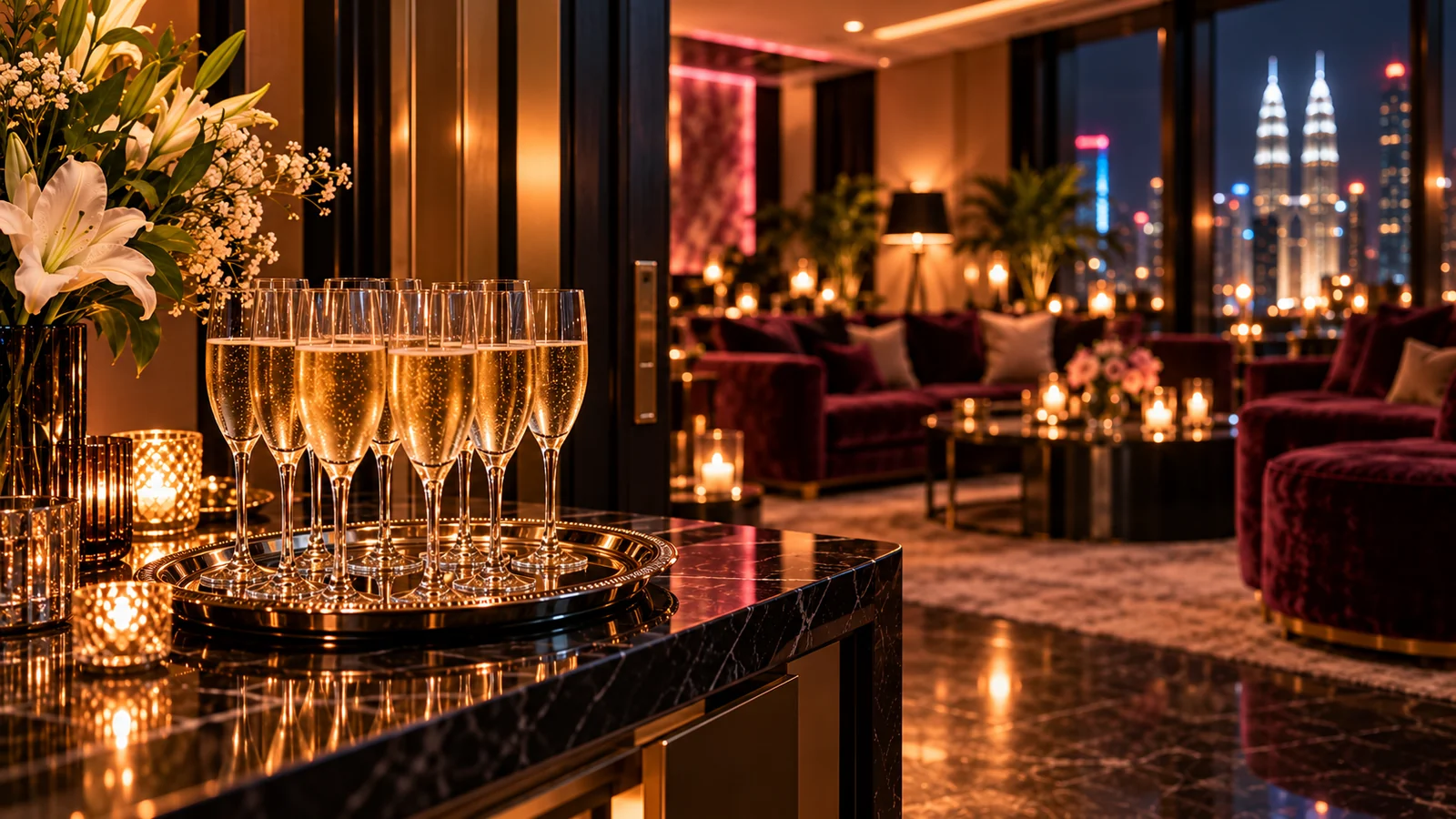 A private lounge prepared for guests, with a tray of champagne glasses on a table by the entrance.
