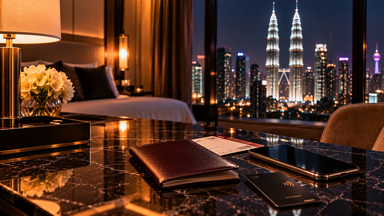 A passport and phone on a hotel room desk with the Petronas Twin Towers lit up through the window at night.