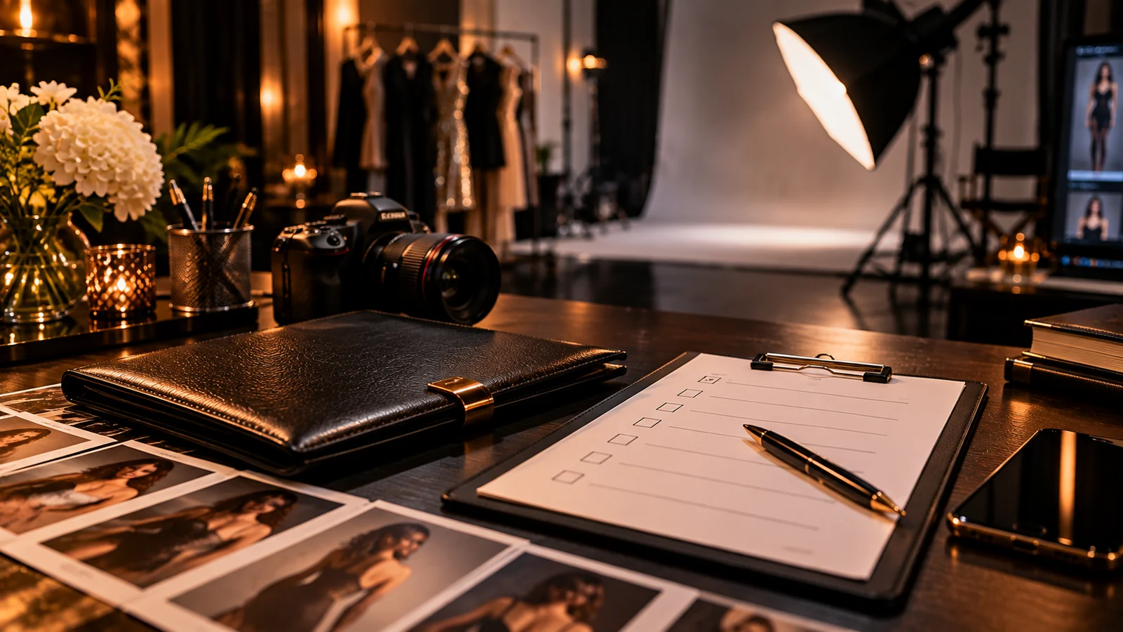 A camera, a portfolio folder, a checklist on a clipboard and printed portfolio photos on a desk in a photo studio.