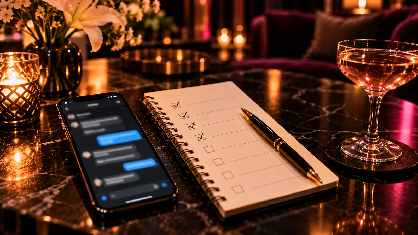 A phone and a notebook with a handwritten checklist on a dark table beside a cocktail glass.