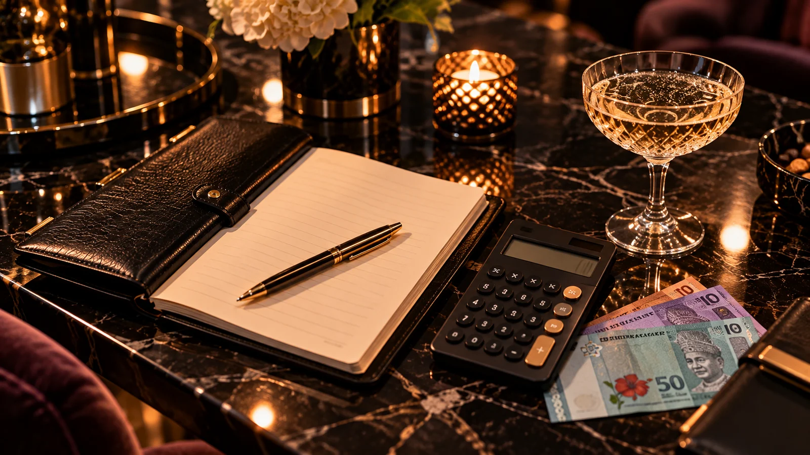 A leather notebook, pen and calculator beside a champagne coupe on a dark marble table.