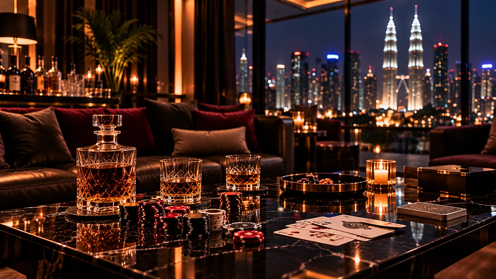 A penthouse lounge at night with whisky glasses and playing cards on a low table and the Kuala Lumpur skyline outside.