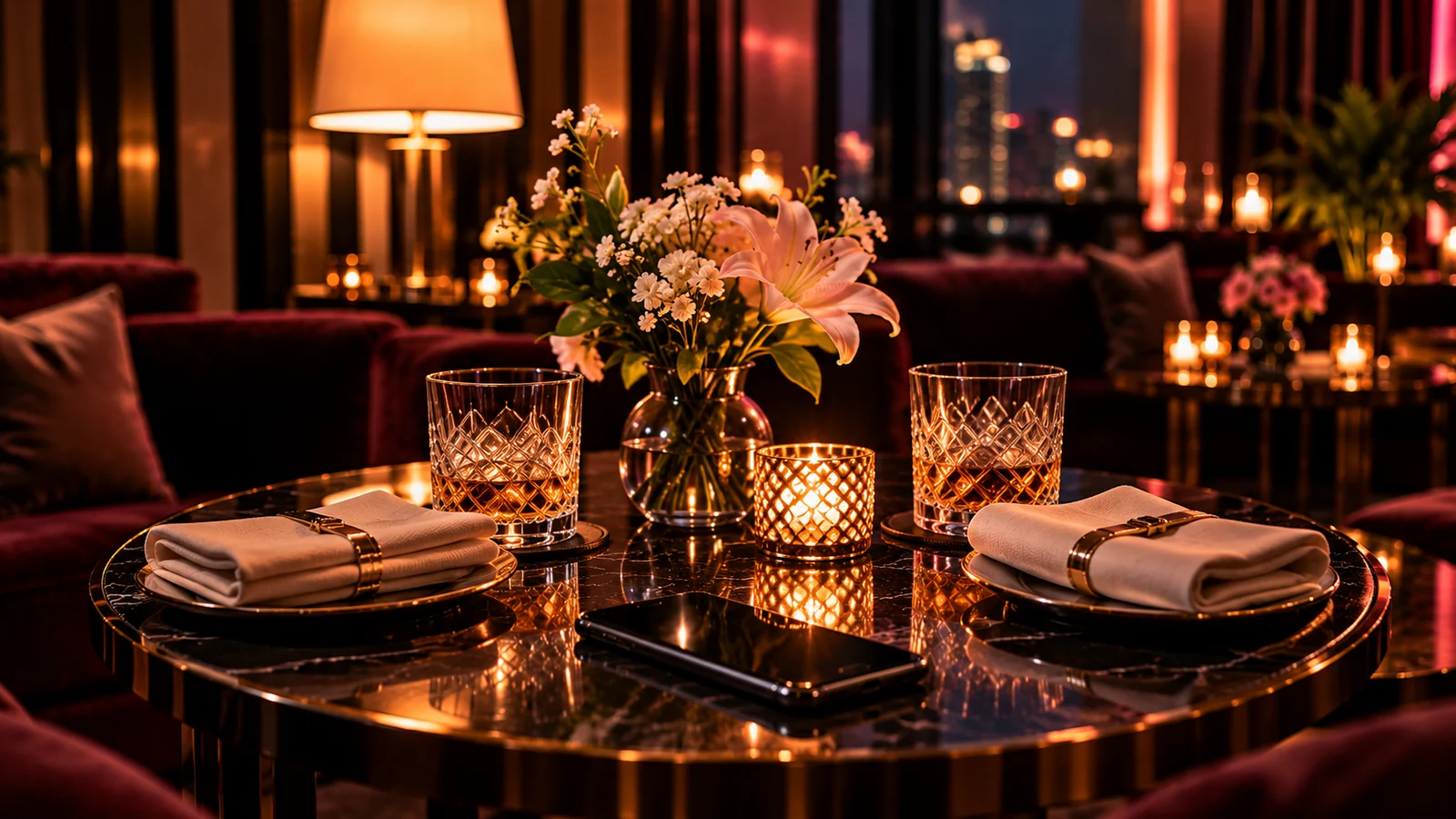 A neatly set cocktail table with two glasses, folded napkins and a phone lying face down.