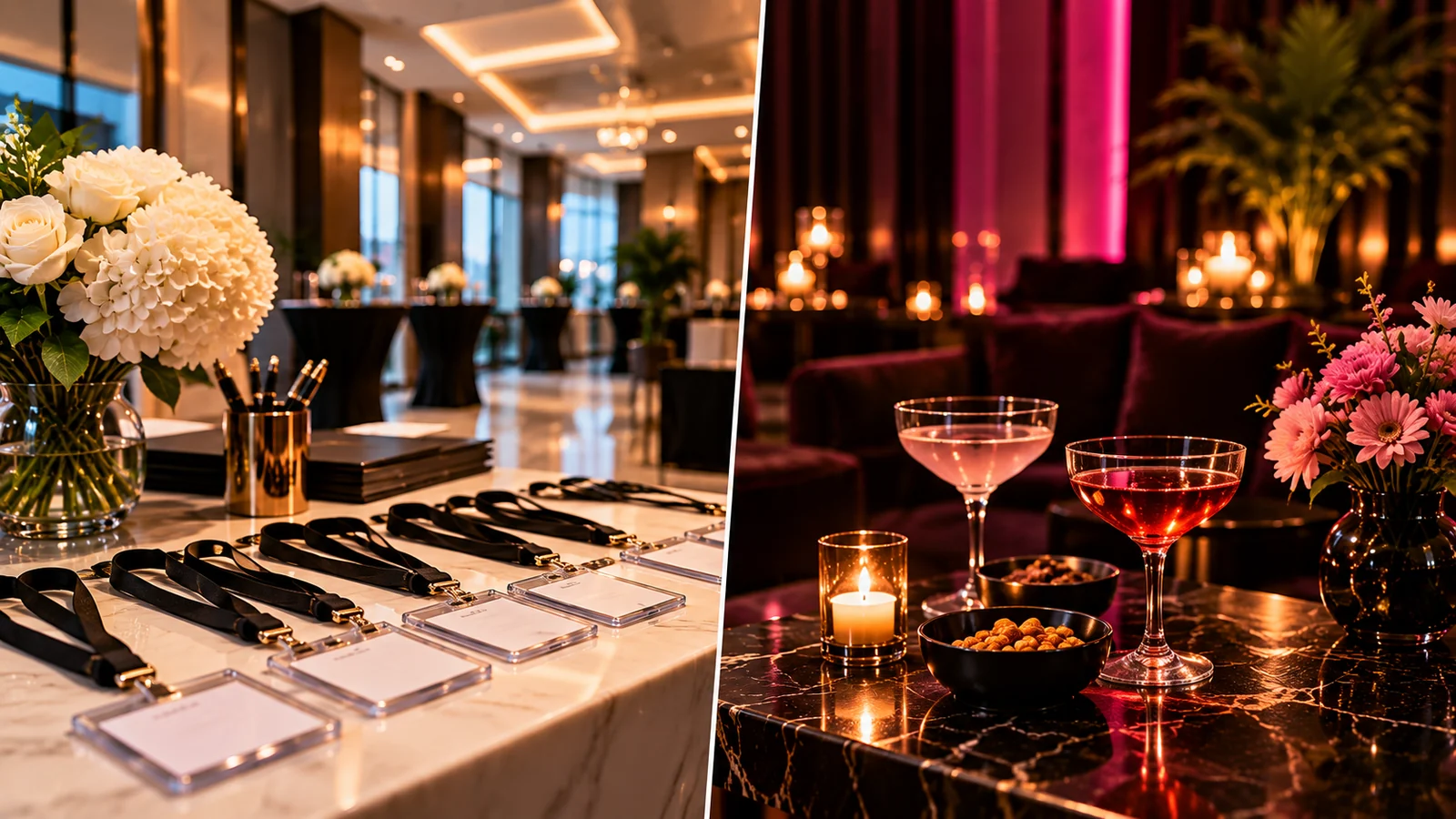 A corporate reception desk with name badges on one side and a private lounge table with cocktails on the other.